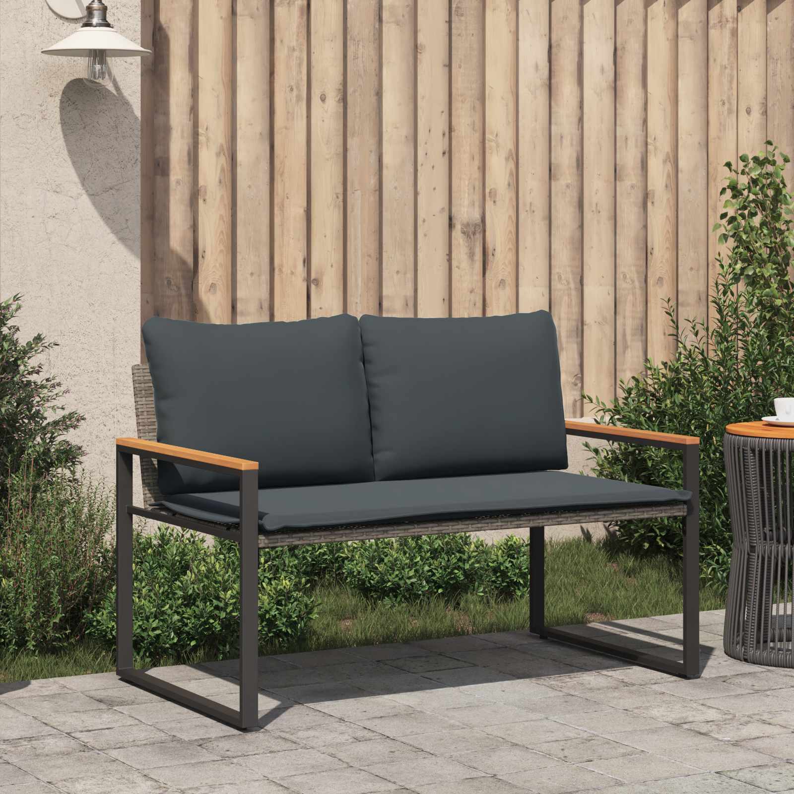 Bank mit Kissen Schwarz und Cremeweiß 115 x 65 x 72 cm Rattan