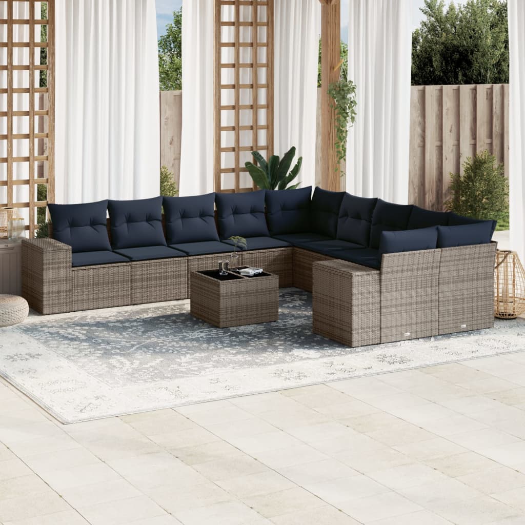 10-teiliges Gartensofa-Set mit Kissen, schwarzes Polyrattan