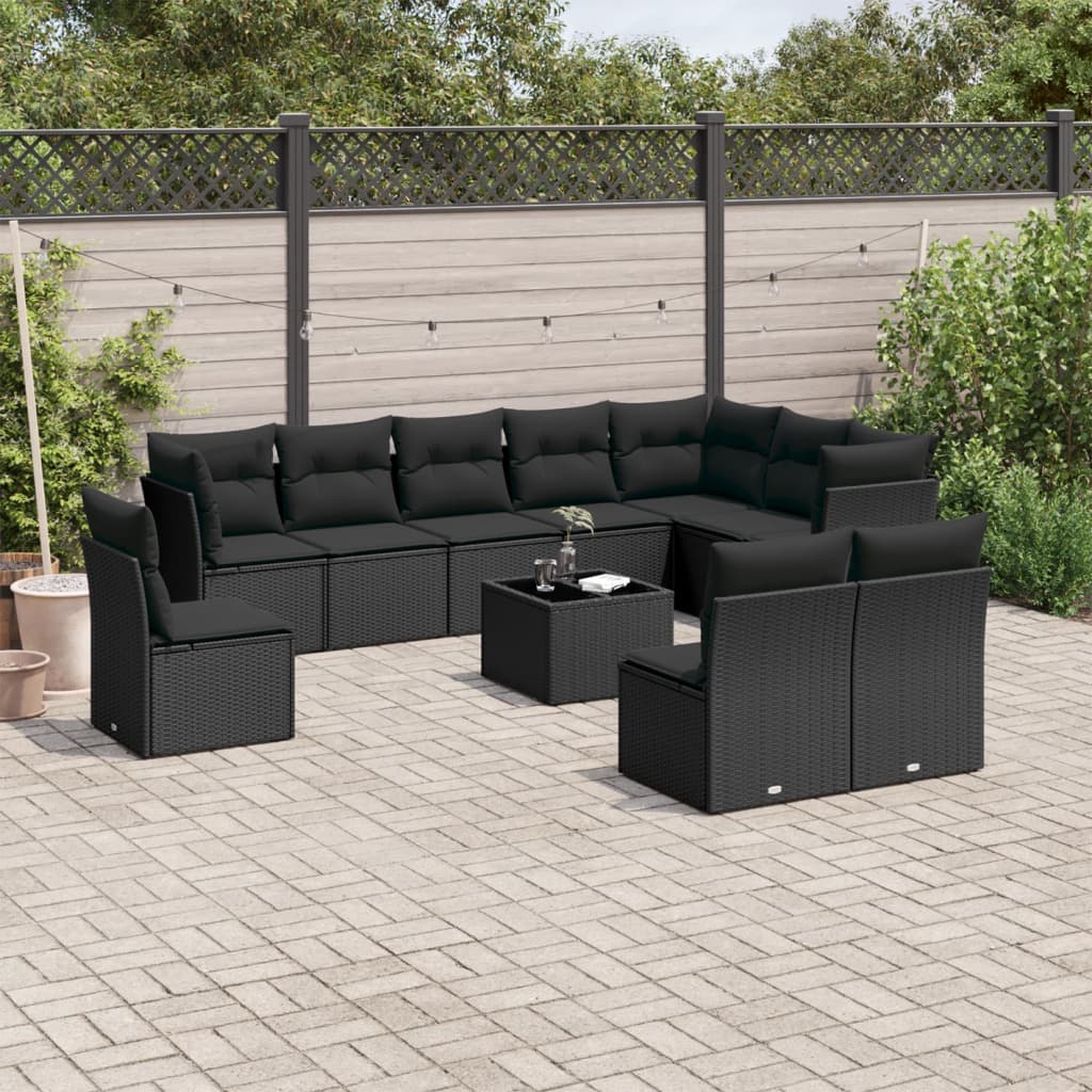 10-tlg. Garten-Sofagarnitur mit Kissen Schwarz Poly Rattan