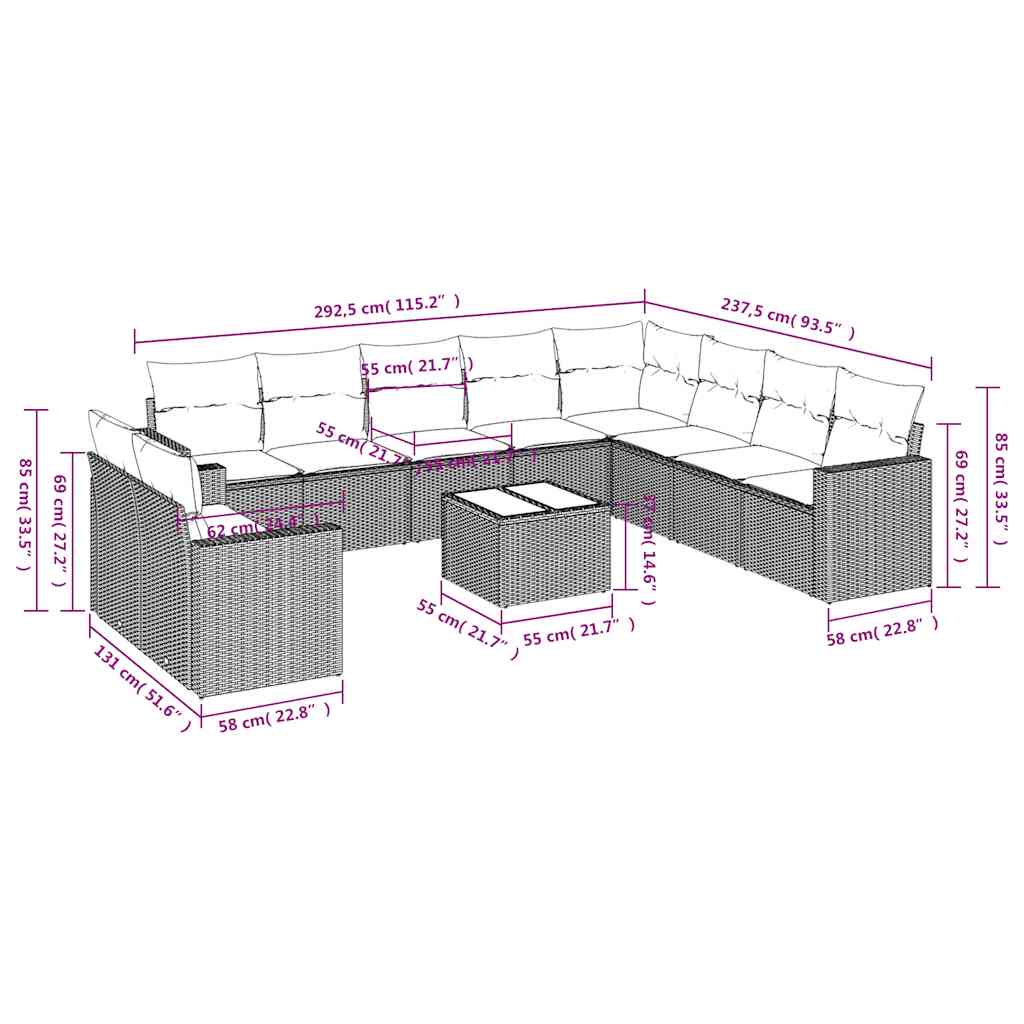 10-tlg. Garten-Sofagarnitur mit Kissen Schwarz Poly Rattan