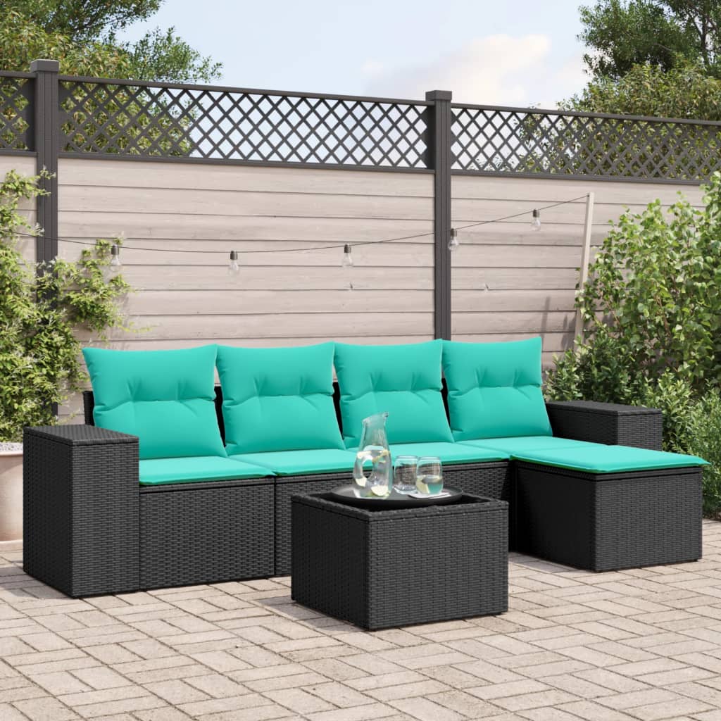 5-teiliges Gartensofa-Set mit Kissen, schwarzes Polyrattan