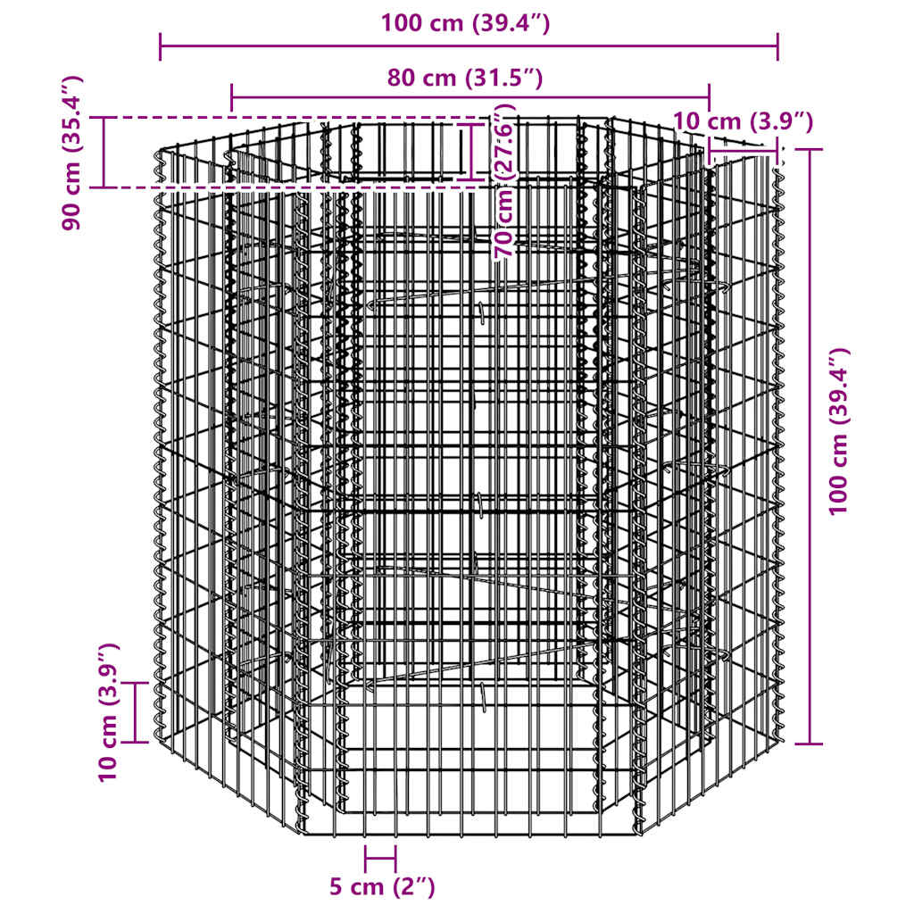 Sechseckiges Gabionen-Hochbeet 100×90×50 cm