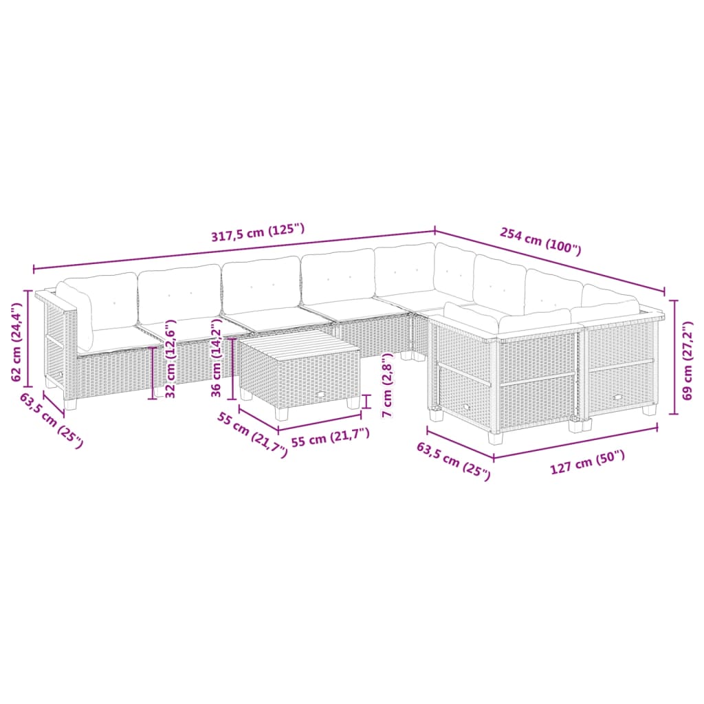 10-tlg. Garten-Sofagarnitur mit Kissen Beige Poly Rattan