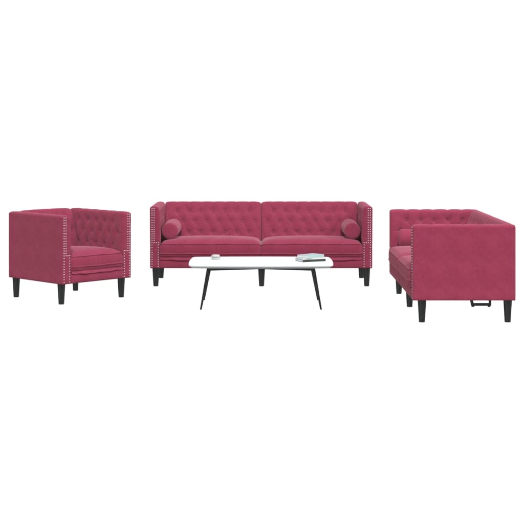 3-tlg. Chesterfield-Sofa-Set mit Nackenrollen Hellgrau Samt