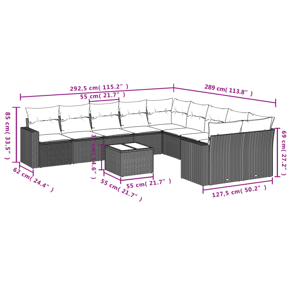 10-tlg. Garten-Sofagarnitur mit Kissen Schwarz Poly Rattan