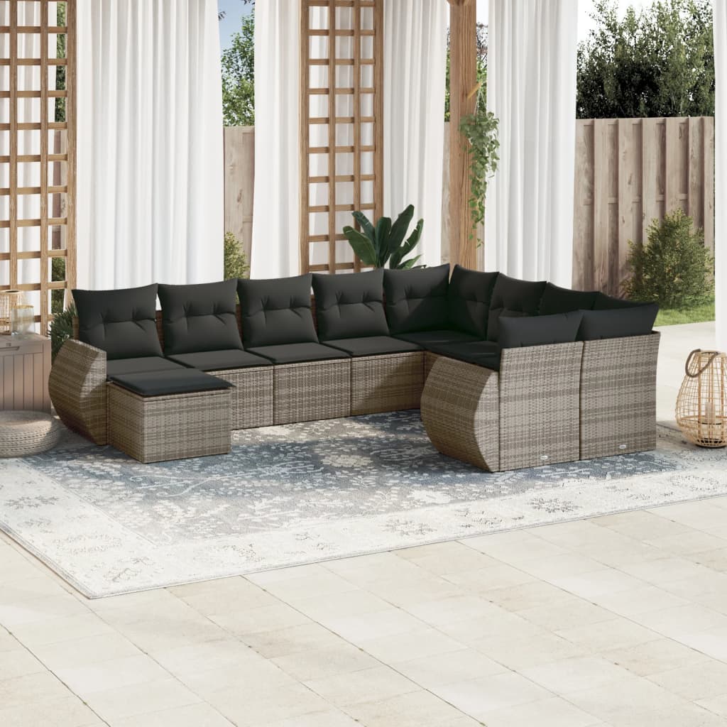 10-tlg. Garten-Sofagarnitur mit Kissen Schwarz Poly Rattan