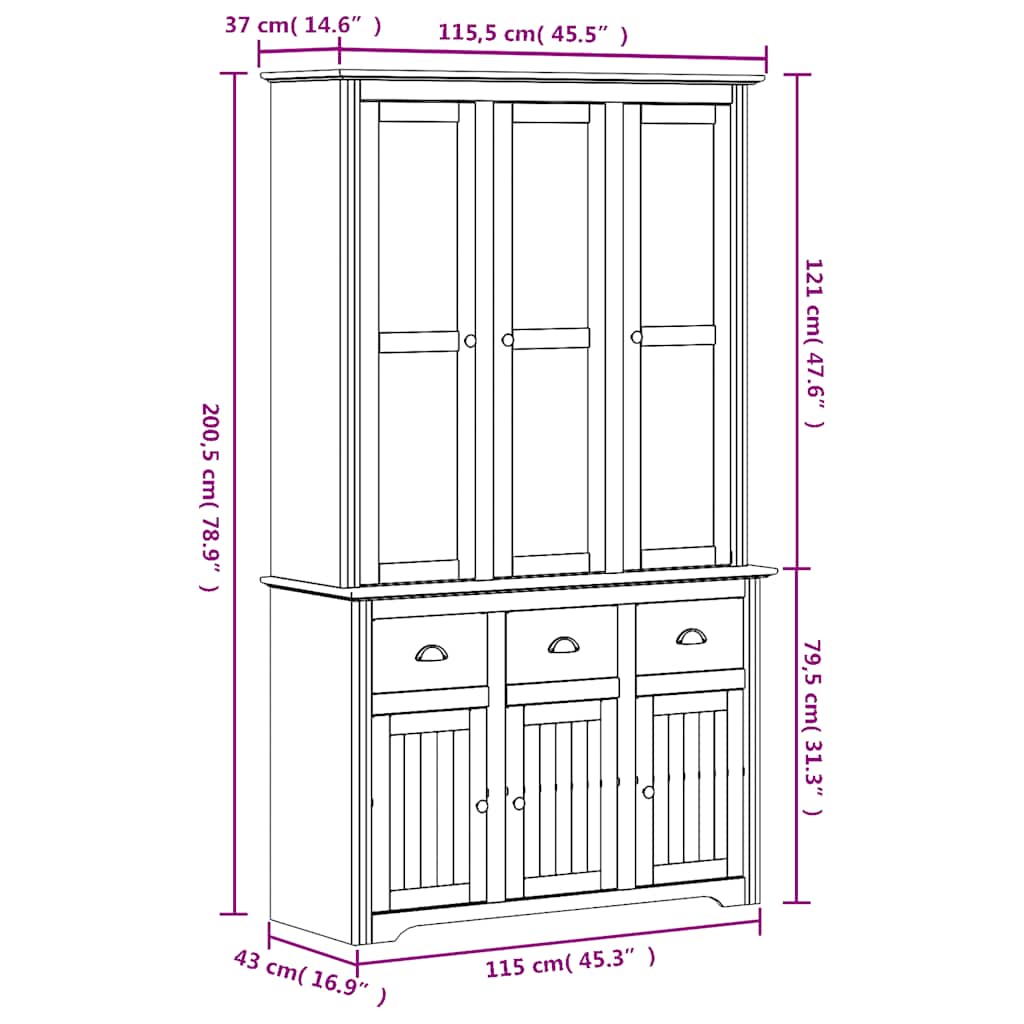 Highboard BODO Grau 115,5x43x200,5 cm Massivholz Kiefer
