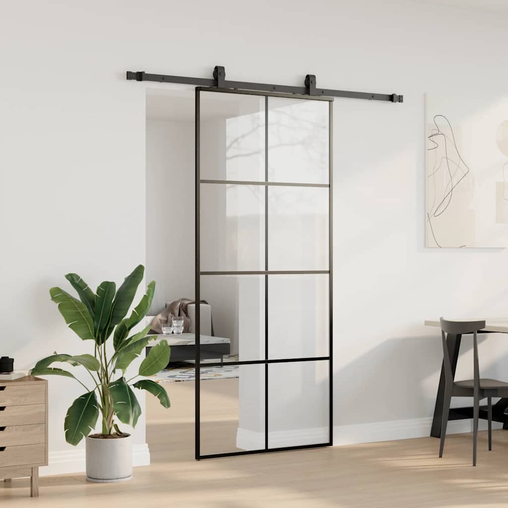 Schiebetür mit Beschlag Schwarz 76x205 cm ESG-Glas