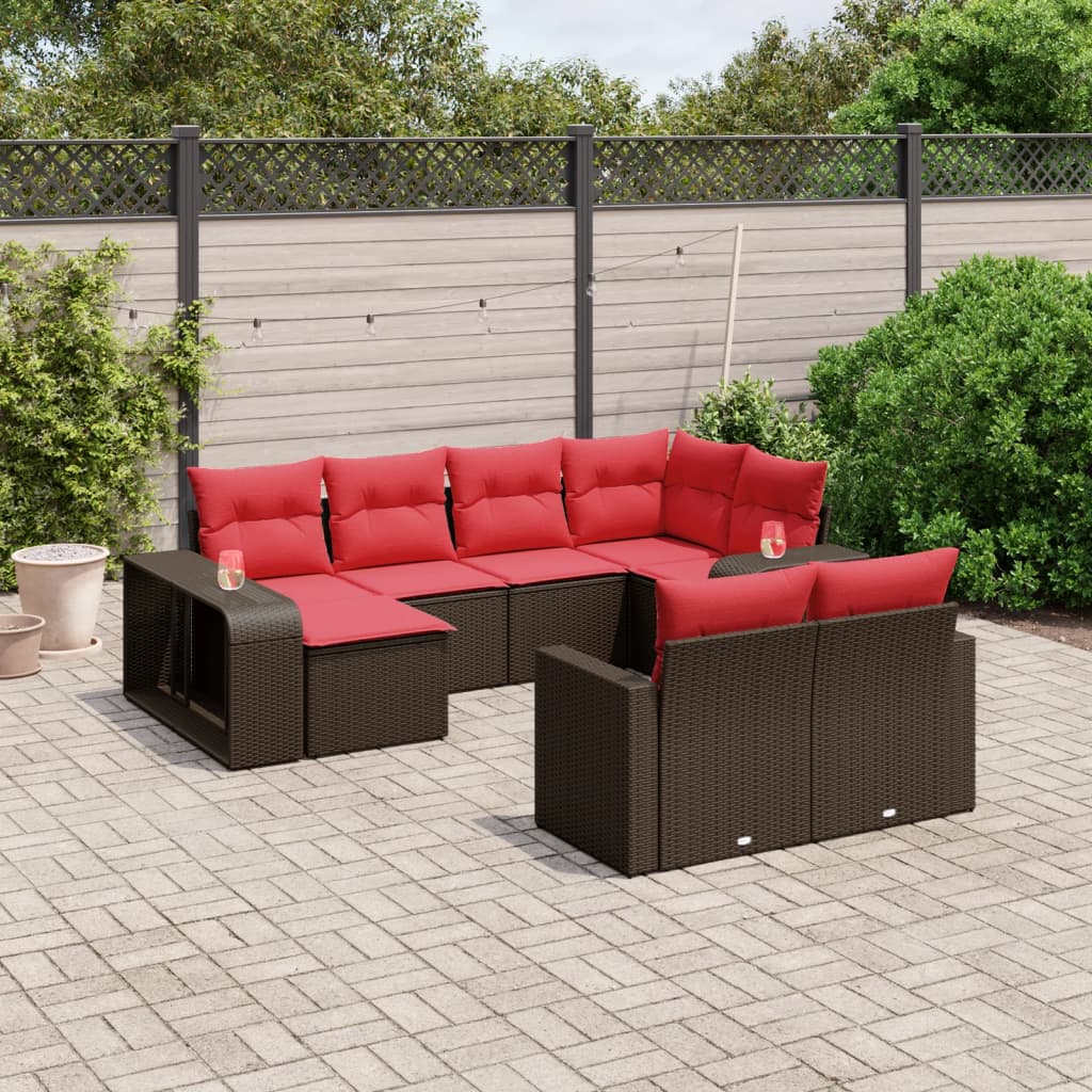 10-teiliges Gartensofa-Set mit Kissen, schwarzes Polyrattan