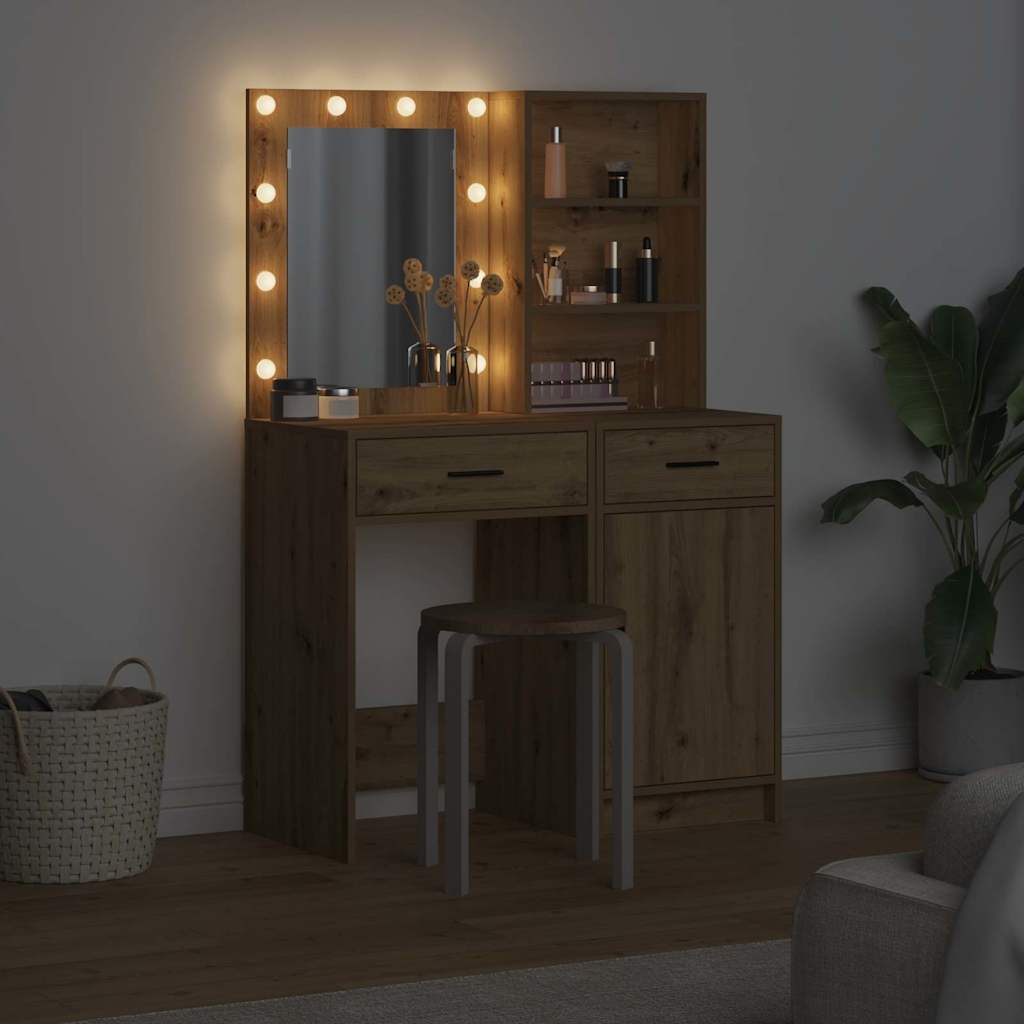 Schminktischset mit LED mit Schubladen 2 pcs Weiß Holzwerkstoff