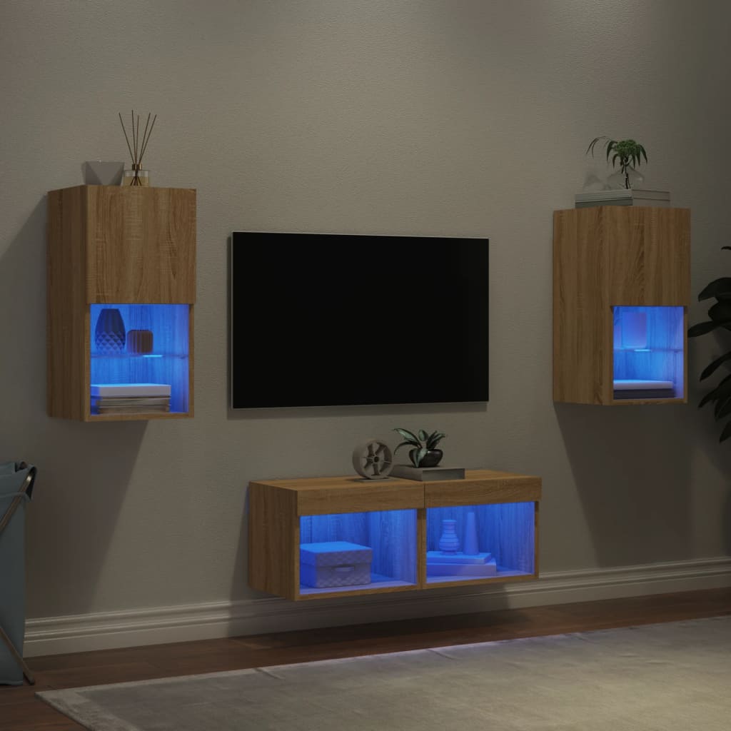 4-tlg. TV-Wohnwand mit LED-Leuchten Weiß