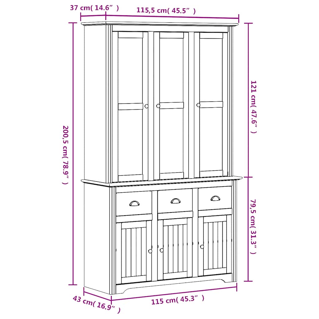 Highboard BODO Grau 115,5x43x200,5 cm Massivholz Kiefer