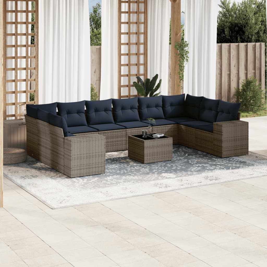 10-teiliges Gartensofa-Set mit Kissen, schwarzes Polyrattan