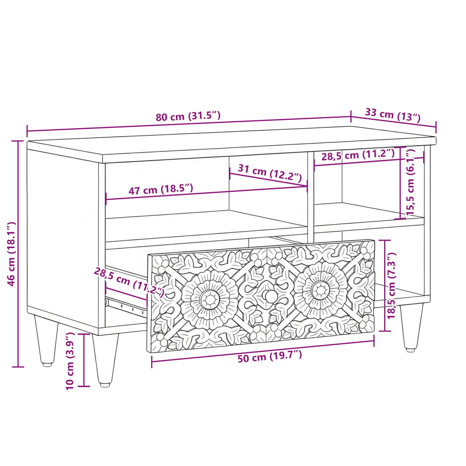 TV-Schränk mit Regal Braun 80 x 33,5 x 46 cm Massivholz Mango