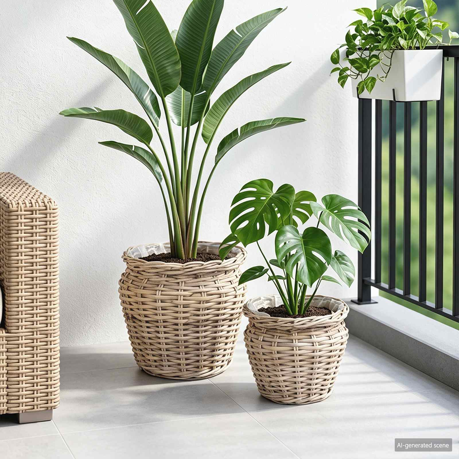 Blumentopfkorb mit Speicher 2 Stk. Natürliches Grau Kubu Rattan