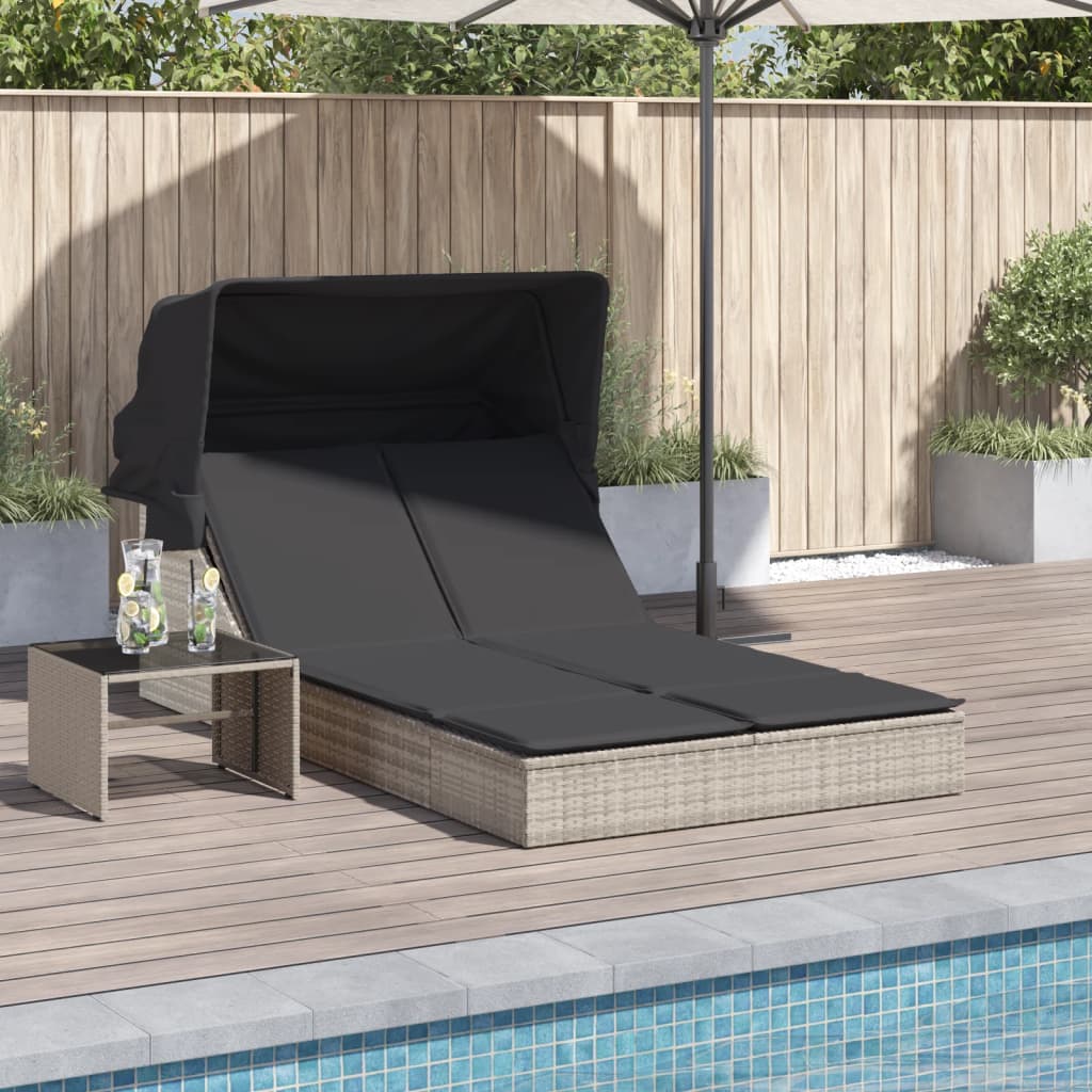 Doppel-Sonnenliege mit Dach und Auflagen Braun Poly Rattan