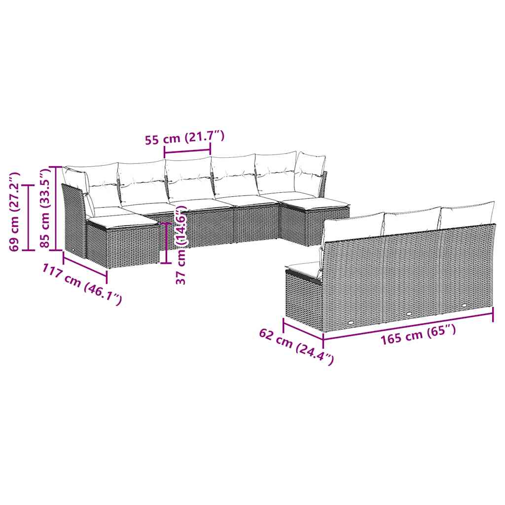 10-tlg. Garten-Sofagarnitur mit Kissen Schwarz Poly Rattan