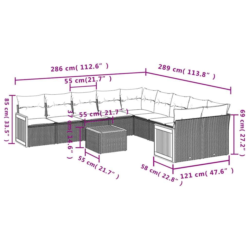 10-teiliges Gartensofa-Set mit Kissen, schwarzes Polyrattan