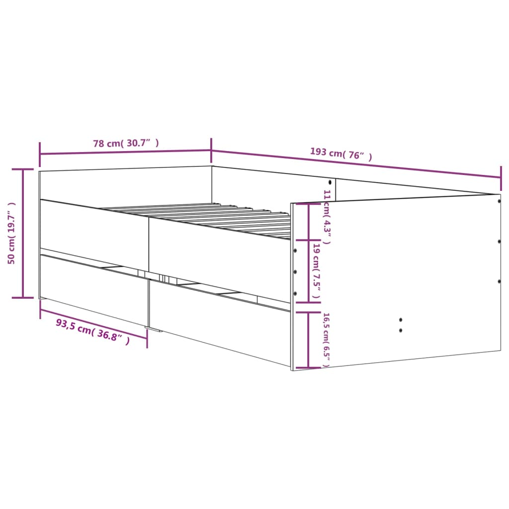 Bett mit Schubladen Braun Eiche-Optik 75x190 cm