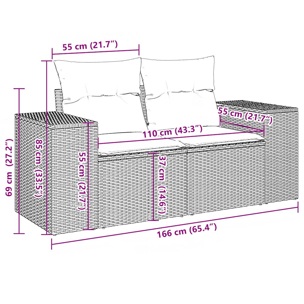 10-teiliges Gartensofa-Set mit Kissen, schwarzes Polyrattan