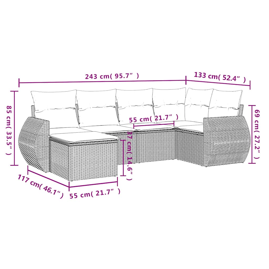 6-tlg. Garten-Sofagarnitur mit Kissen Schwarz Poly Rattan