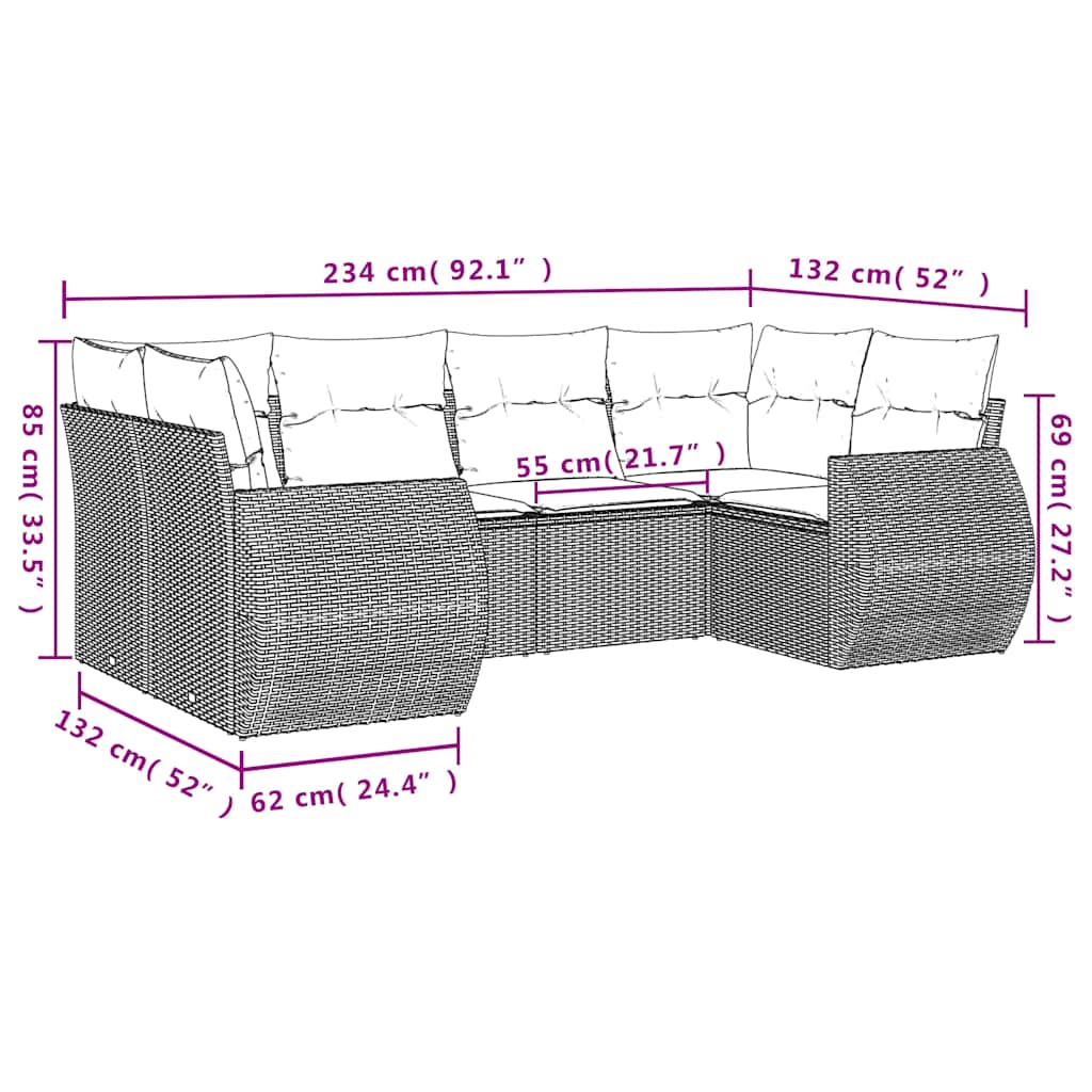 6-teiliges Gartensofa-Set mit Kissen, schwarzes Polyrattan
