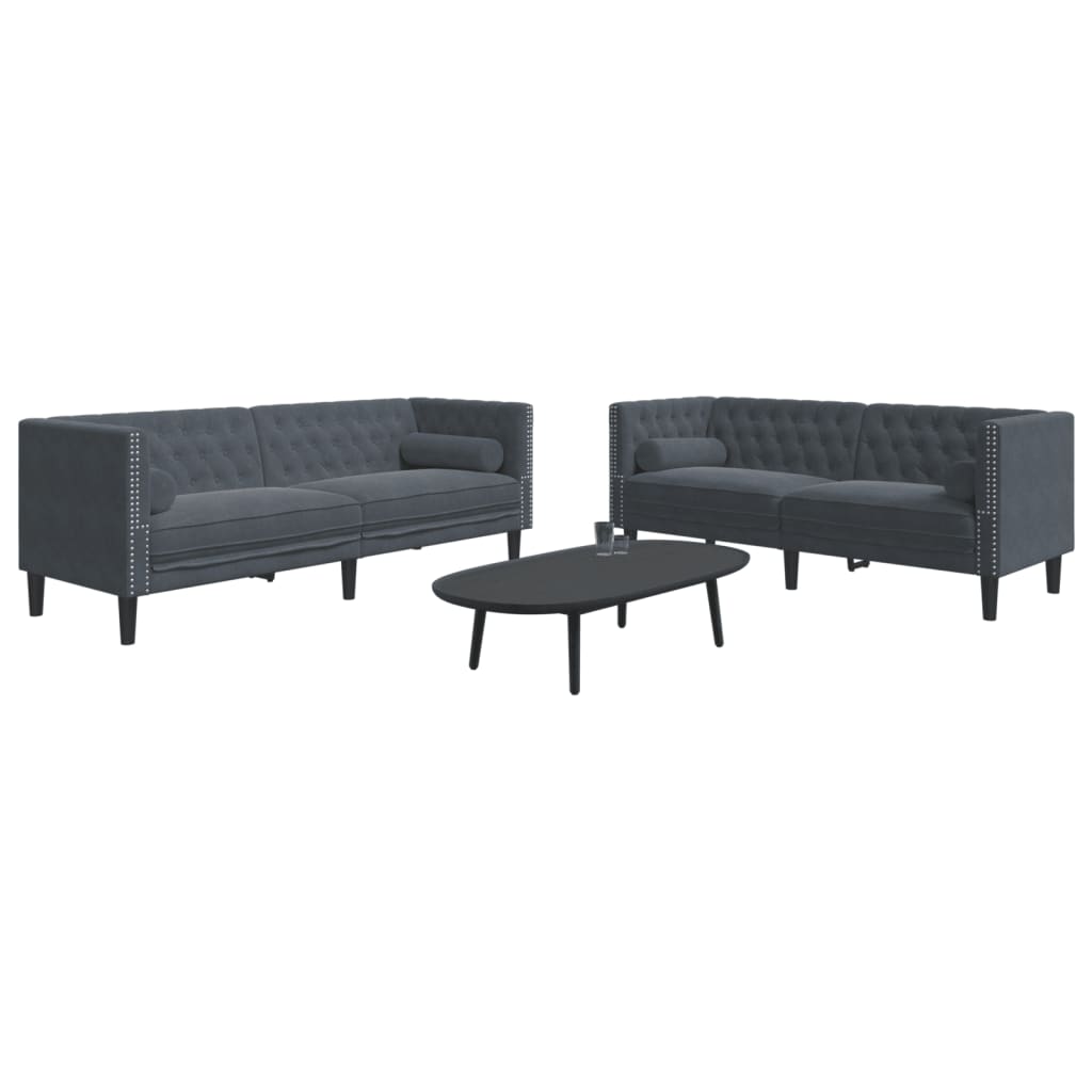 3-tlg. Chesterfield-Sofa-Set mit Nackenrollen Hellgrau Samt
