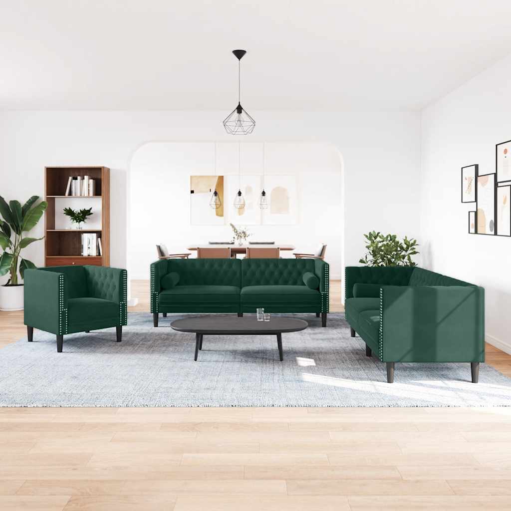 3-tlg. Chesterfield-Sofa-Set mit Nackenrollen Hellgrau Samt