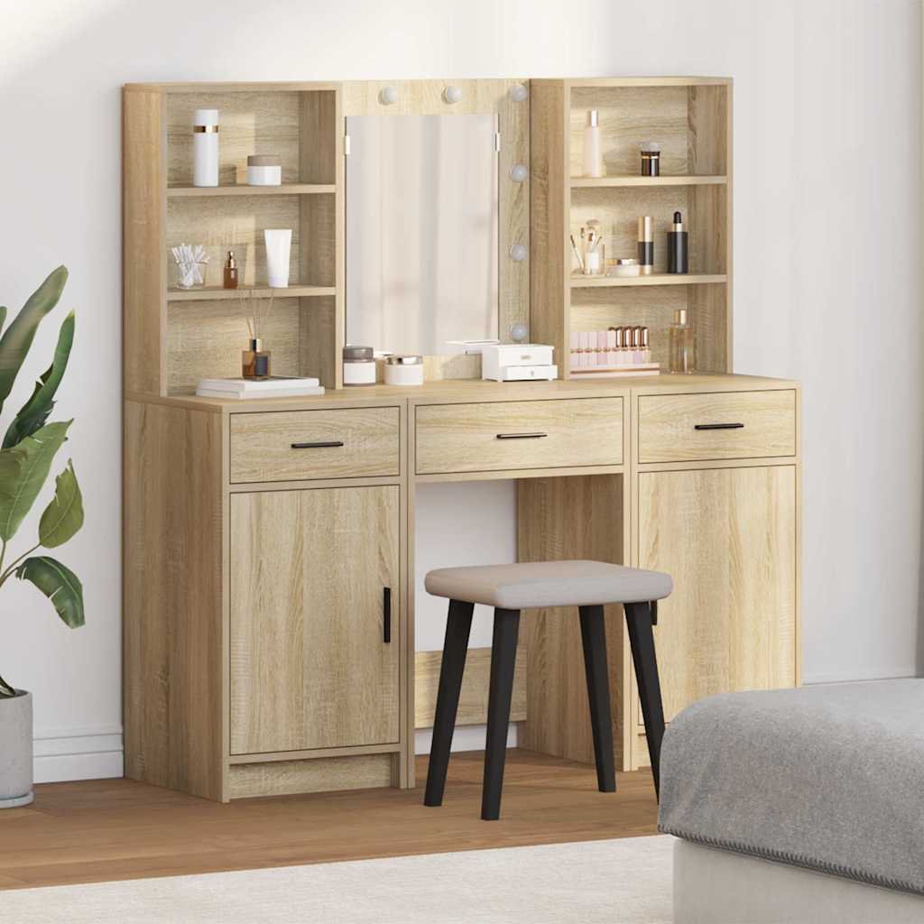 Schminktischset mit LED mit Schubladen 3 pcs Weiß Holzwerkstoff
