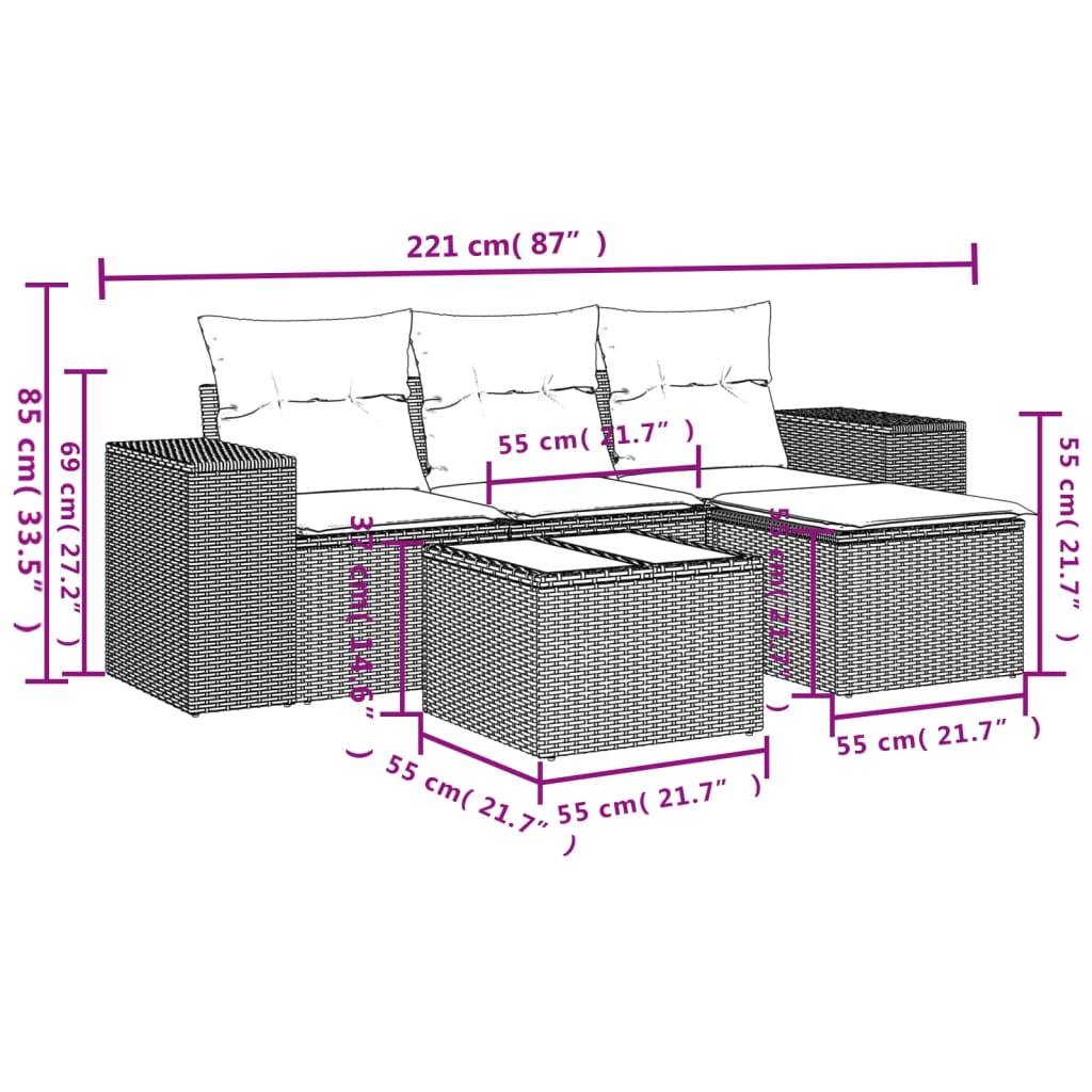 4-teiliges Gartensofa-Set mit Kissen, schwarzes Polyrattan