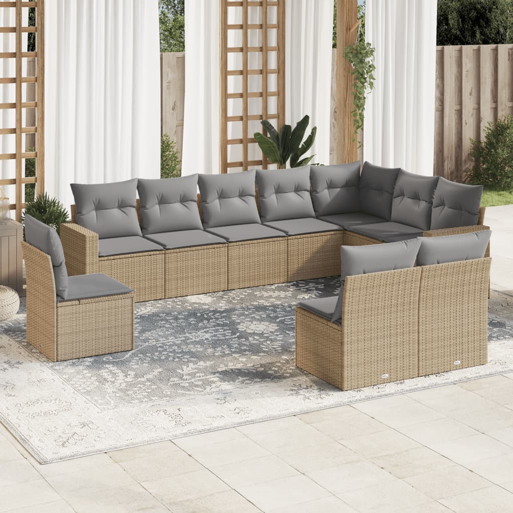 10-tlg. Garten-Sofagarnitur mit Kissen Schwarz Poly Rattan