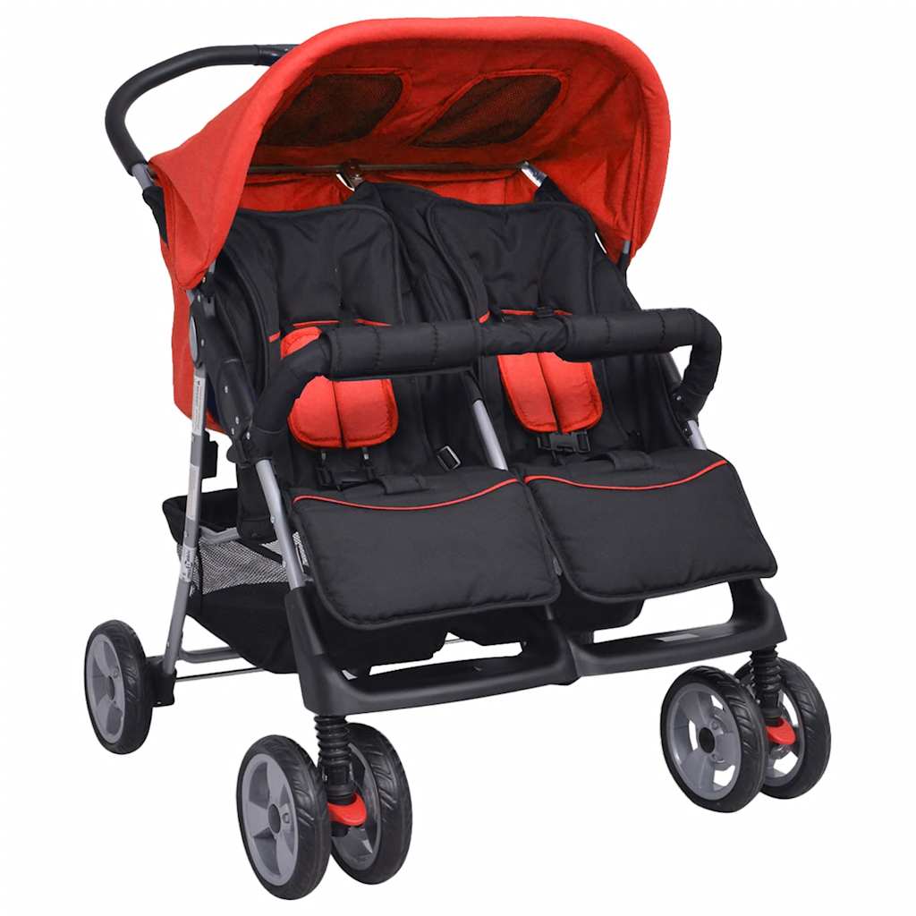 Zwillingskinderwagen Stahl Rot und Schwarz