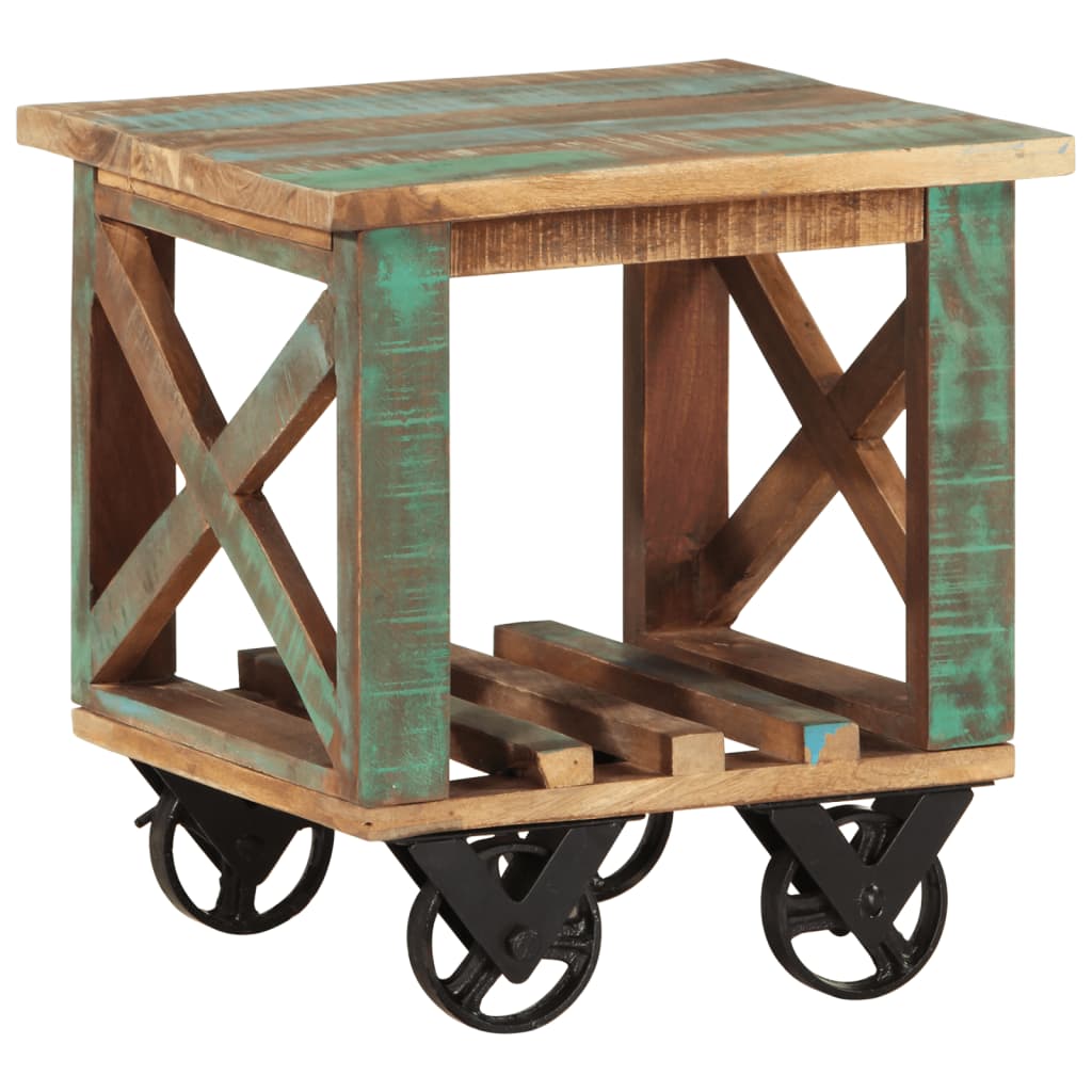 Beistelltisch mit Rädern 40x40x42 cm Raues Mangoholz