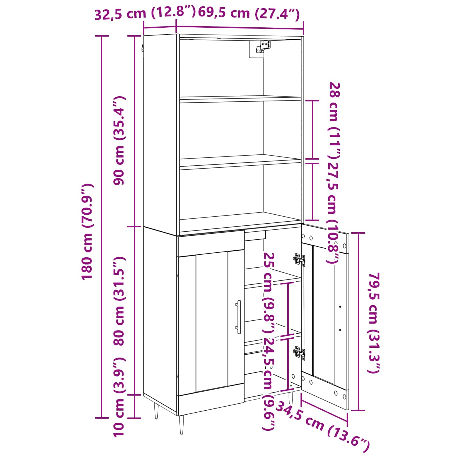 Highboard Hochglanz-Weiß 69,5x34x180 cm Holzwerkstoff