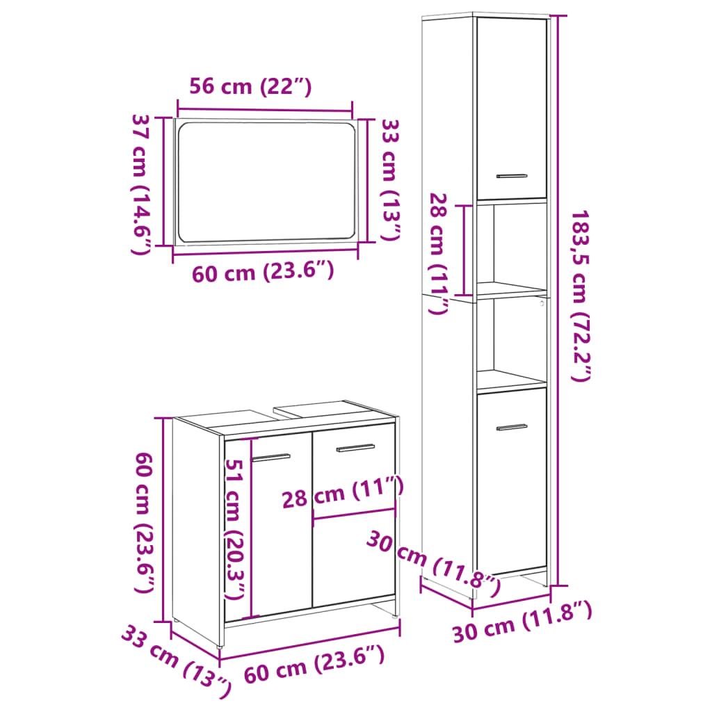 3-tlg. Badmöbel-Set Räuchereiche Holzwerkstoff