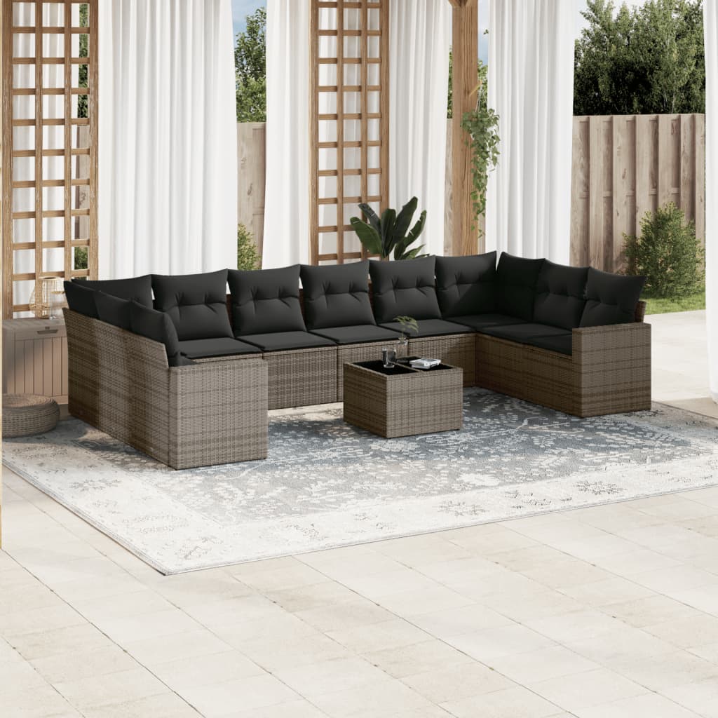 10-tlg. Garten-Sofagarnitur mit Kissen Schwarz Poly Rattan
