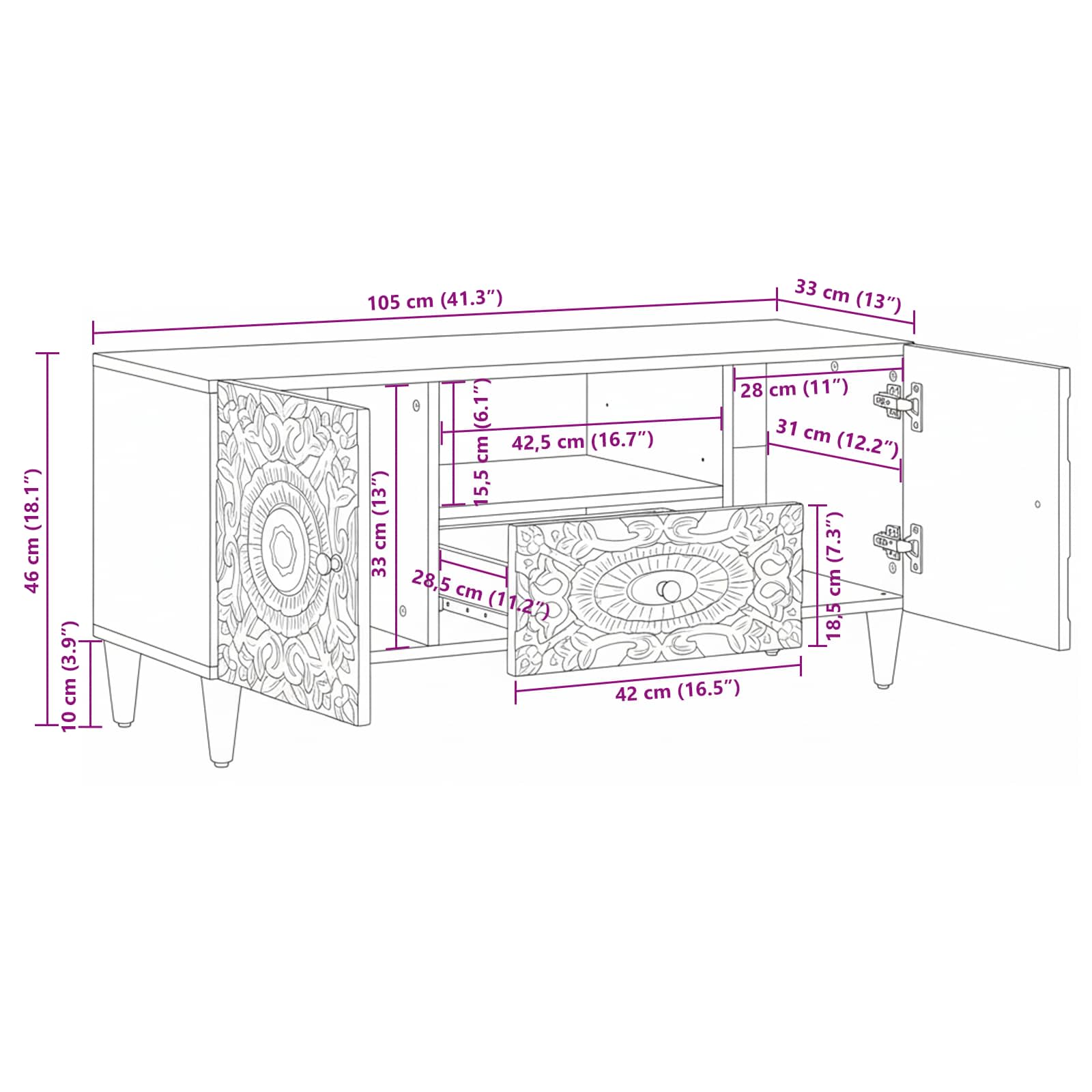 TV-Schränk mit Tür Braun 105 x 33,5 x 46 cm Massivholz Mango