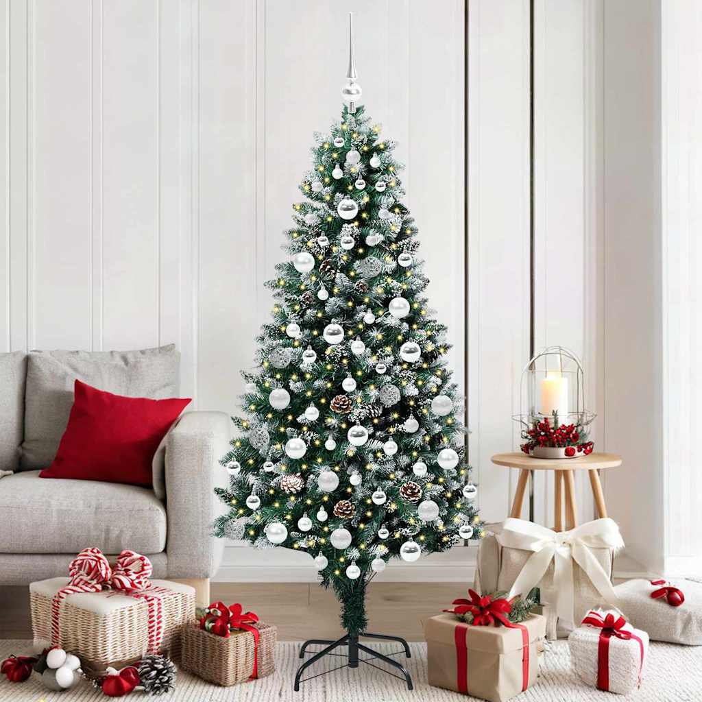 Künstlicher Weihnachtsbaum mit LEDs Kugeln Zapfen 150 cm
