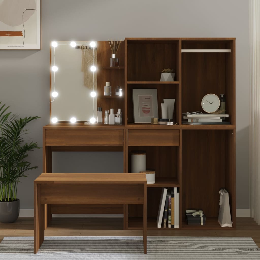 Schminktisch-Set mit LED Weiß Holzwerkstoff