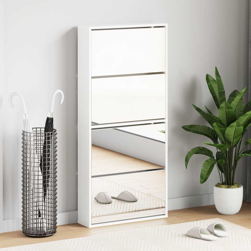 Schuhschrank mit 4 Fächern Spiegel Eiche 63×17×134 cm