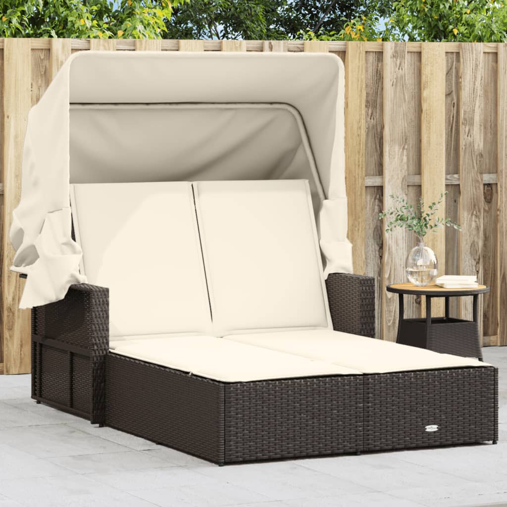 Doppel-Sonnenliege mit Dach und Auflagen Schwarz Poly Rattan
