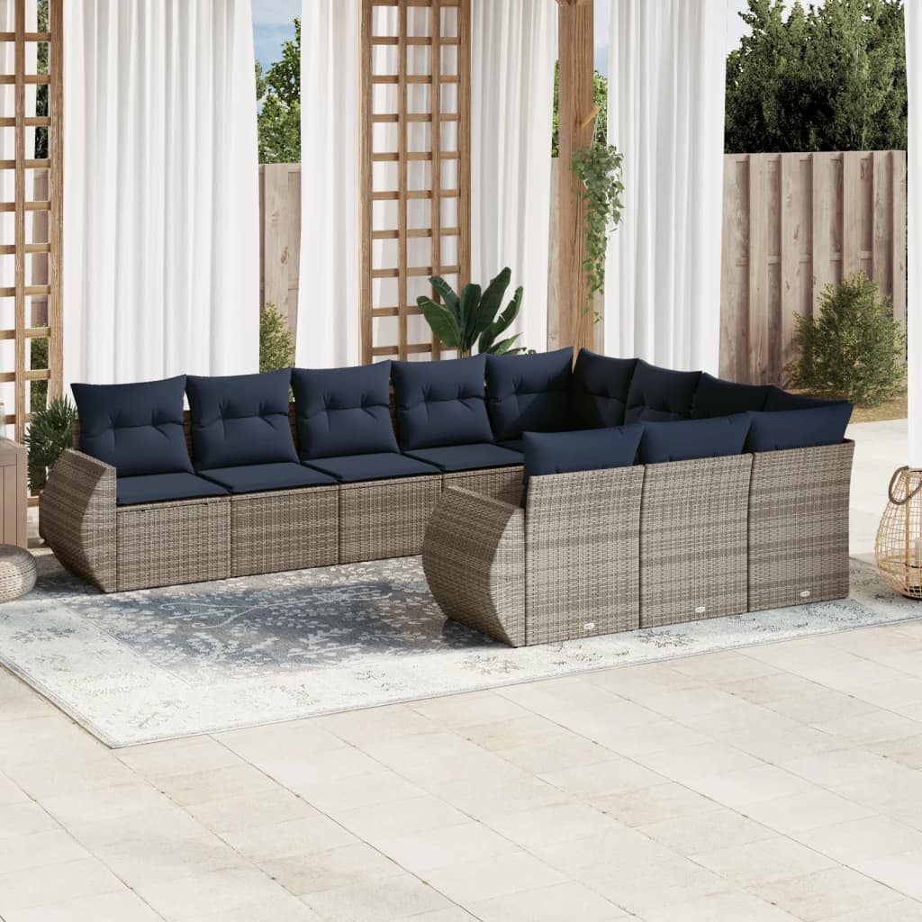 10-teiliges Gartensofa-Set mit Kissen, schwarzes Polyrattan