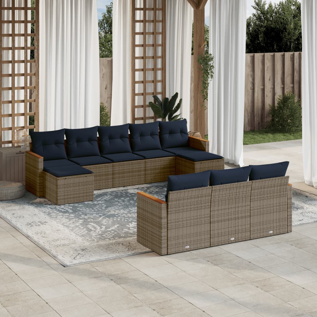 10-teiliges Gartensofa-Set mit Kissen, schwarzes Polyrattan