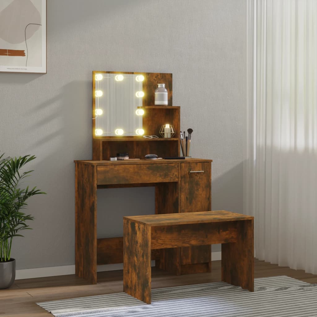 Schminktisch-Set mit LED Weiß Holzwerkstoff