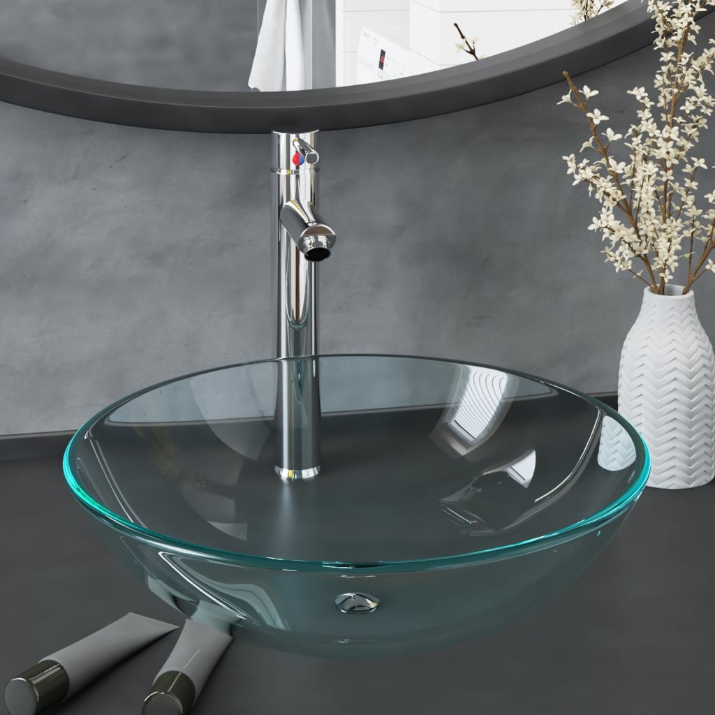 Waschbecken mit Armatur und Ablaufgarnitur Hartglas