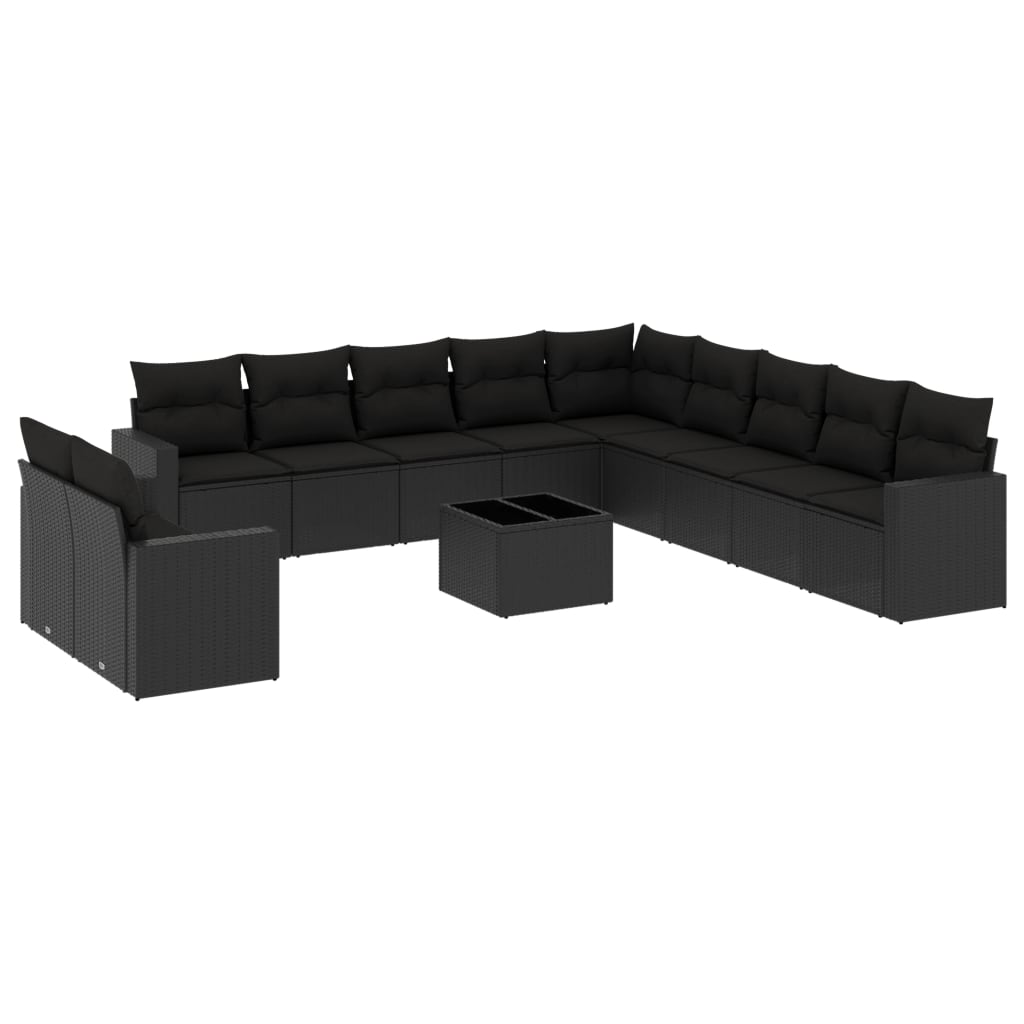 11-tlg. Garten-Sofagarnitur mit Kissen Schwarz Poly Rattan