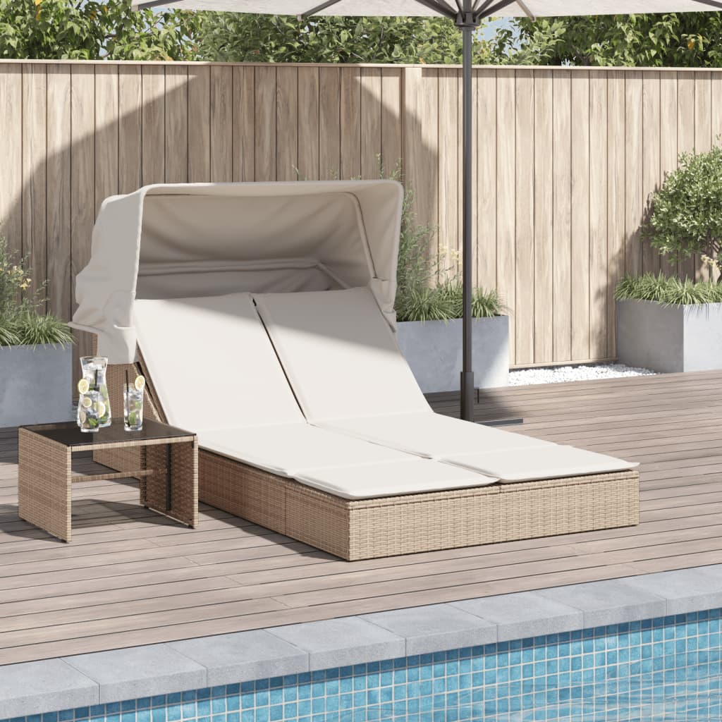 Doppel-Sonnenliege mit Dach und Auflagen Braun Poly Rattan