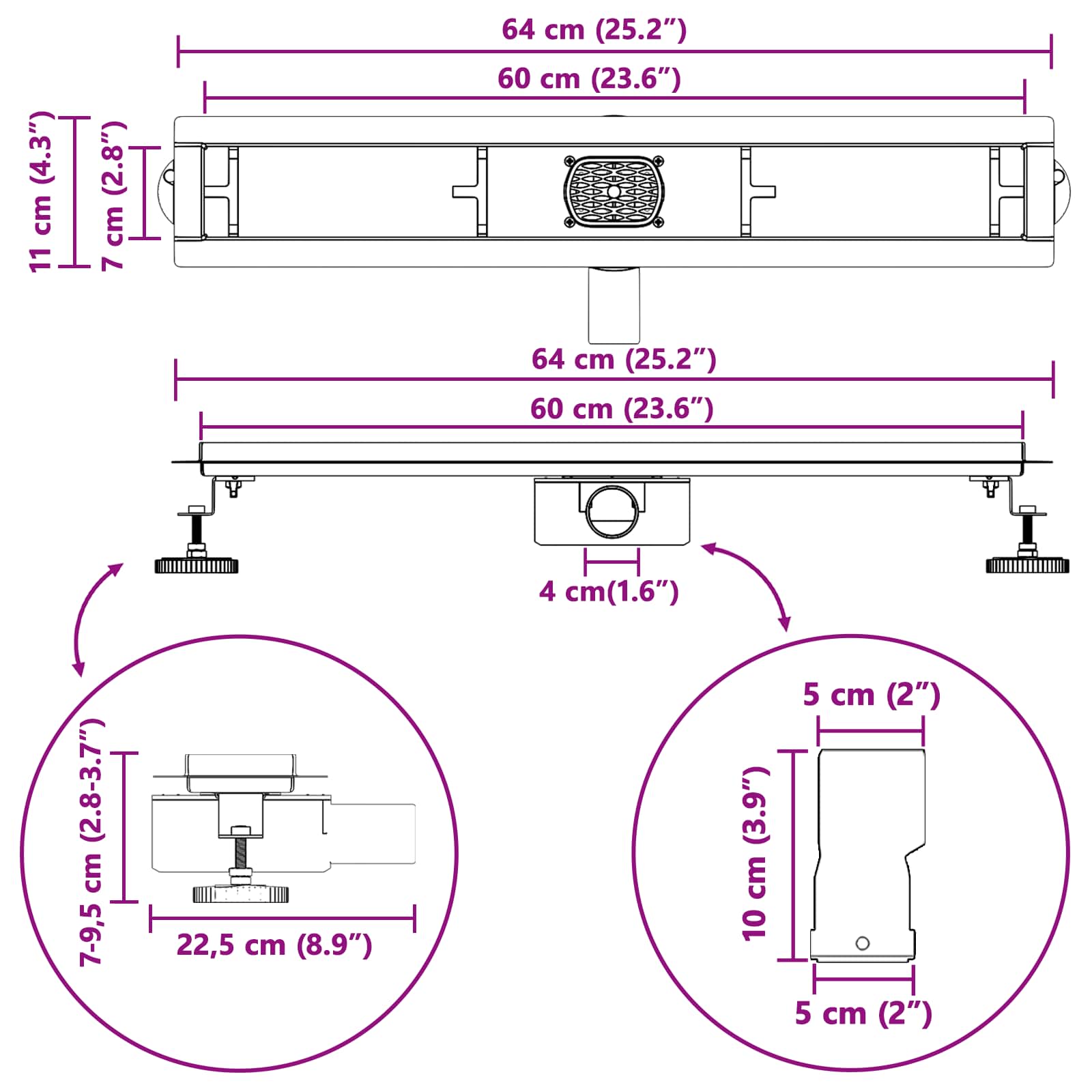 Duschabfluss mit Glashülle und 360° Siphon Schwarz 50 cm