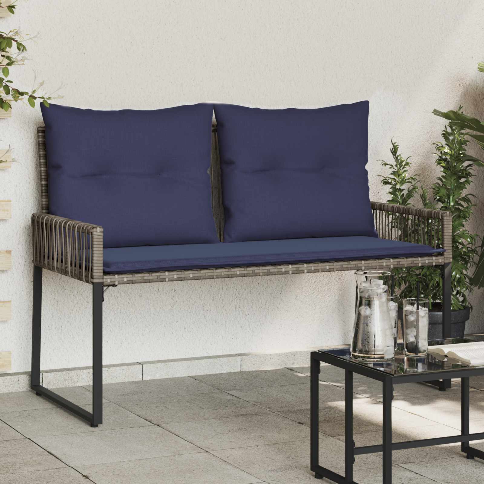 Bank Outdoor mit Kissen 4 pcs Schwarz und Cremeweiß Poly-Rattan