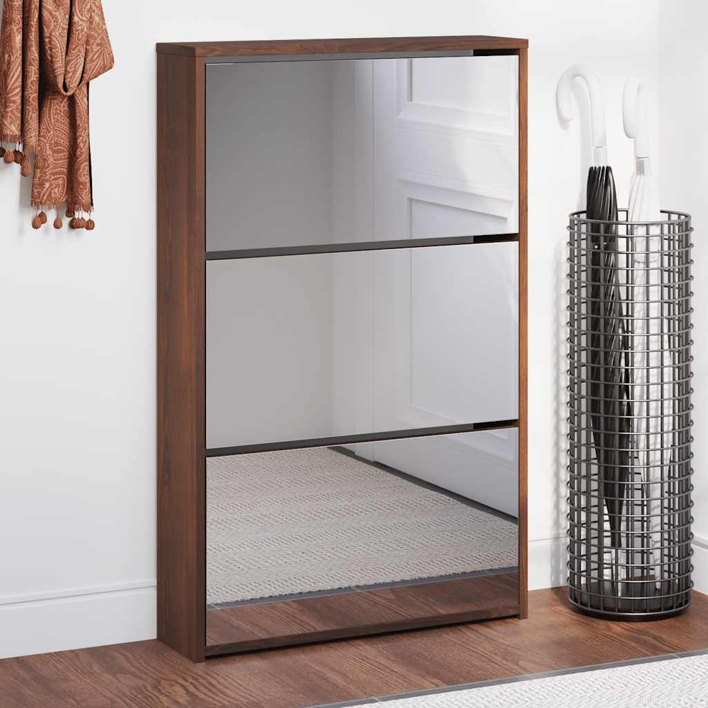 Schuhschrank mit 2 Fächern Spiegel Eiche-Optik 63x17x67 cm